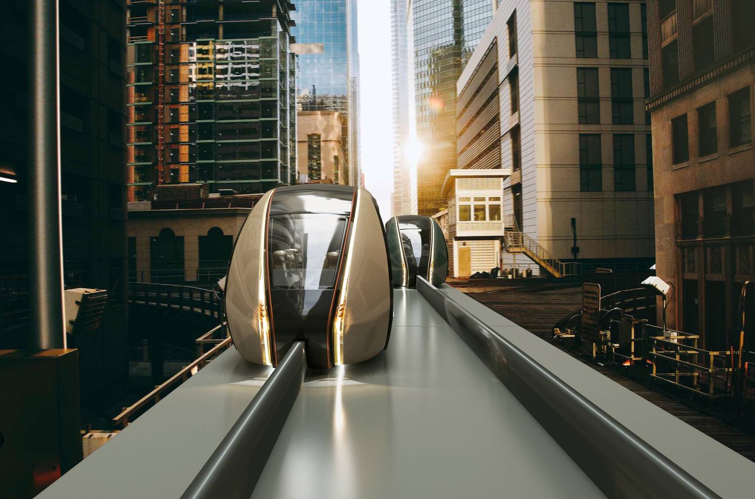 Aerotrain capsule gliding along a monorail between city buildings
