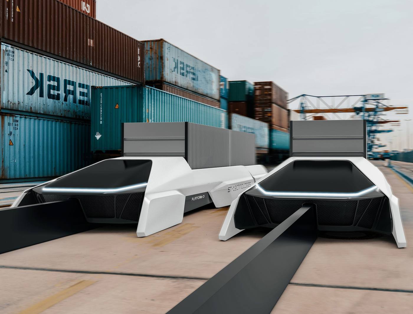 Two Aerodock freight shuttles carrying containers in a harbor