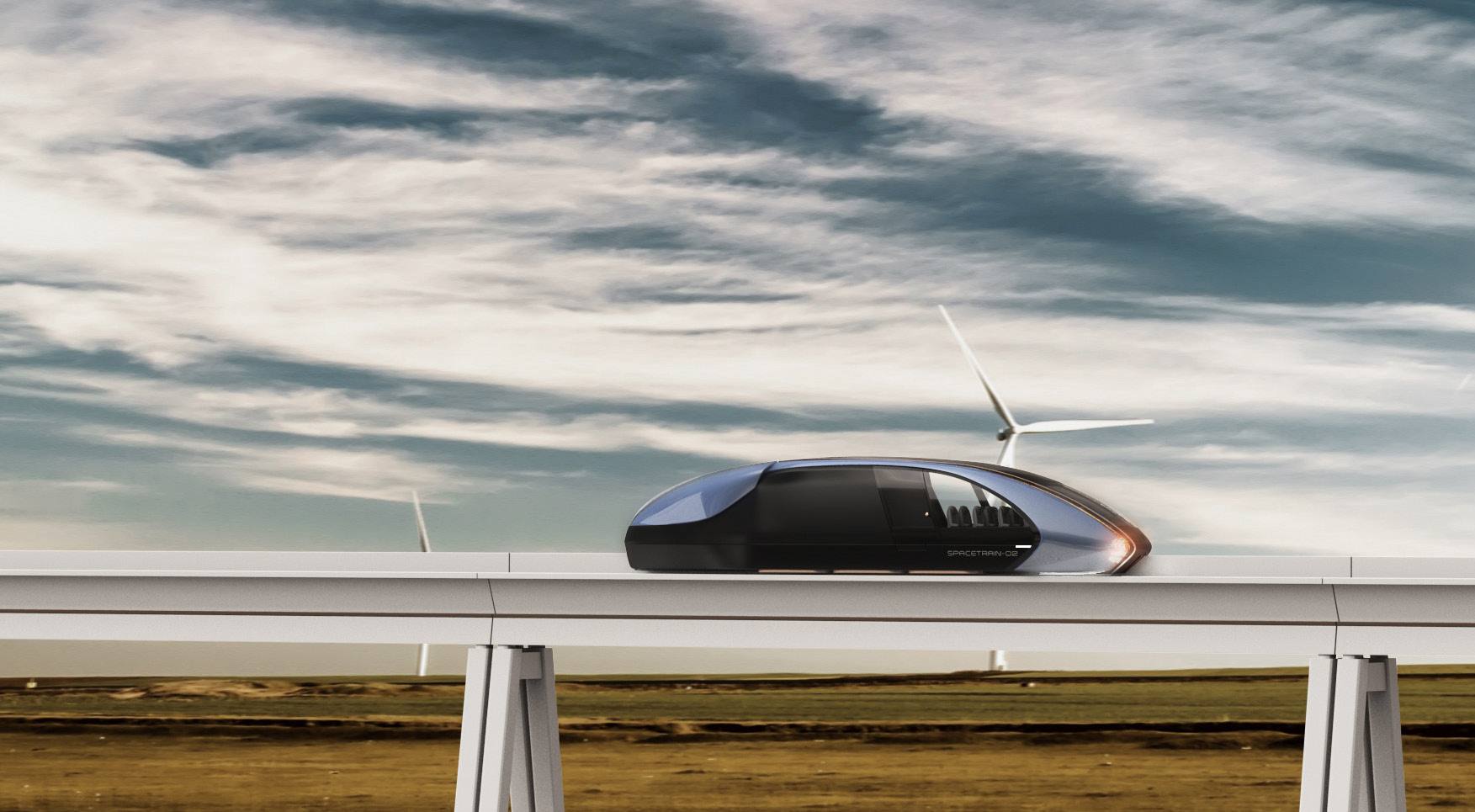 Two Aerotrain shuttles on an elevated monorail beside a wind turbine